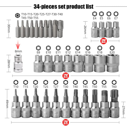 Coffret 34pcs Douilles Torx & E-Torx 1/4” 3/8” – Acier CR-V