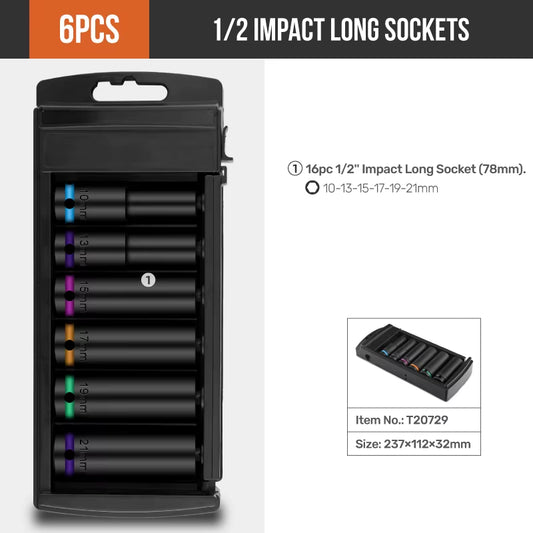 16/35PC 1/2" Drive Impact Socket Set Long Socket / Short Sockets Set & Hardened Case, Mechanical Workshop Tool Tool Box