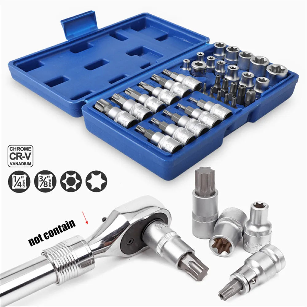 Coffret 34pcs Douilles Torx & E-Torx 1/4” 3/8” – Acier CR-V