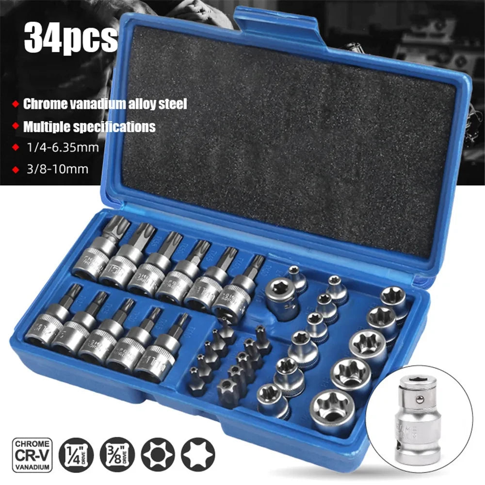 Coffret 34pcs Douilles Torx & E-Torx 1/4” 3/8” – Acier CR-V