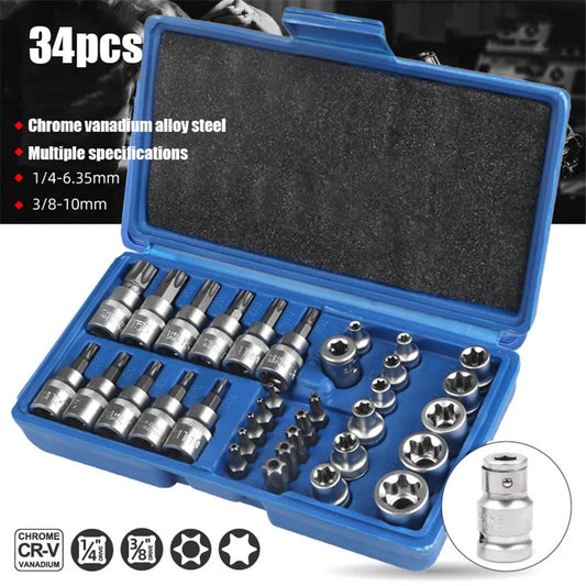Coffret 34pcs Douilles Torx & E-Torx 1/4” 3/8” – Acier CR-V
