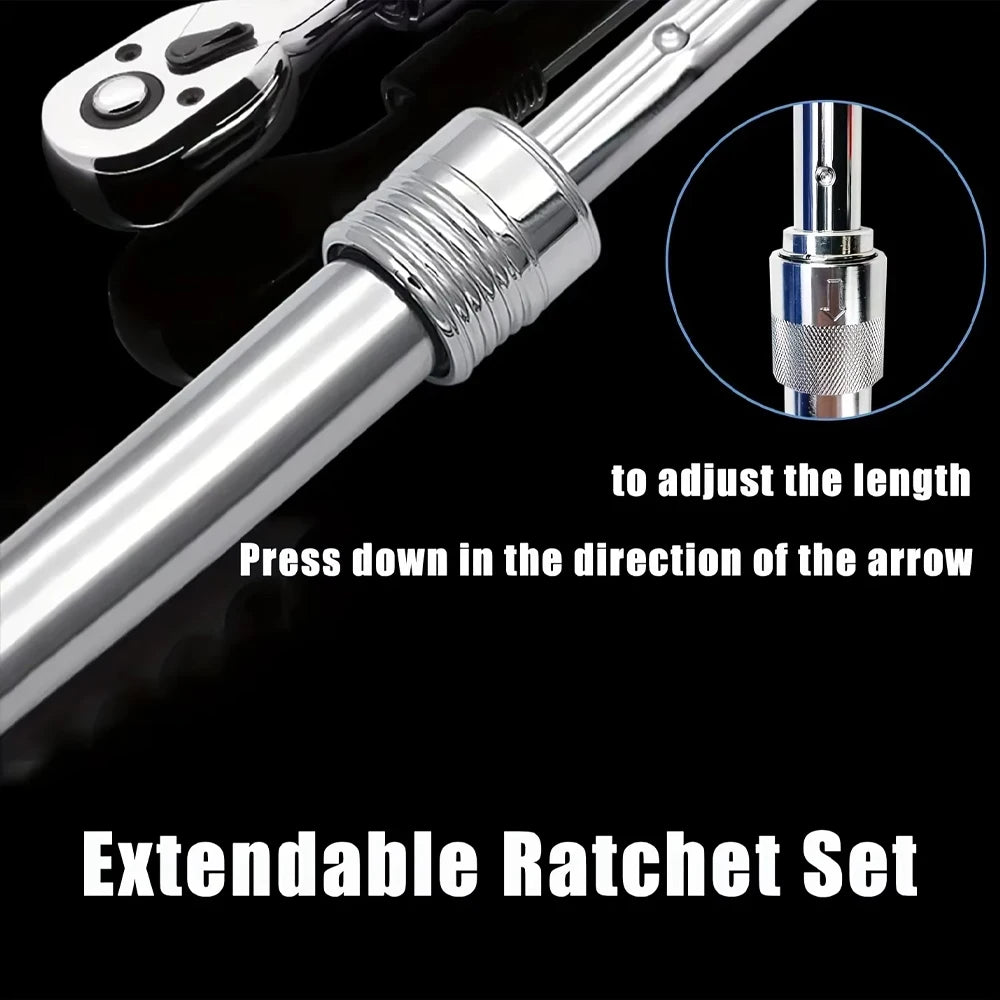 Ratchet (Clée a cliquet) Télescopique 1/4 – 3/8 – 1/2 (Manche Extensible) – 72 Dents