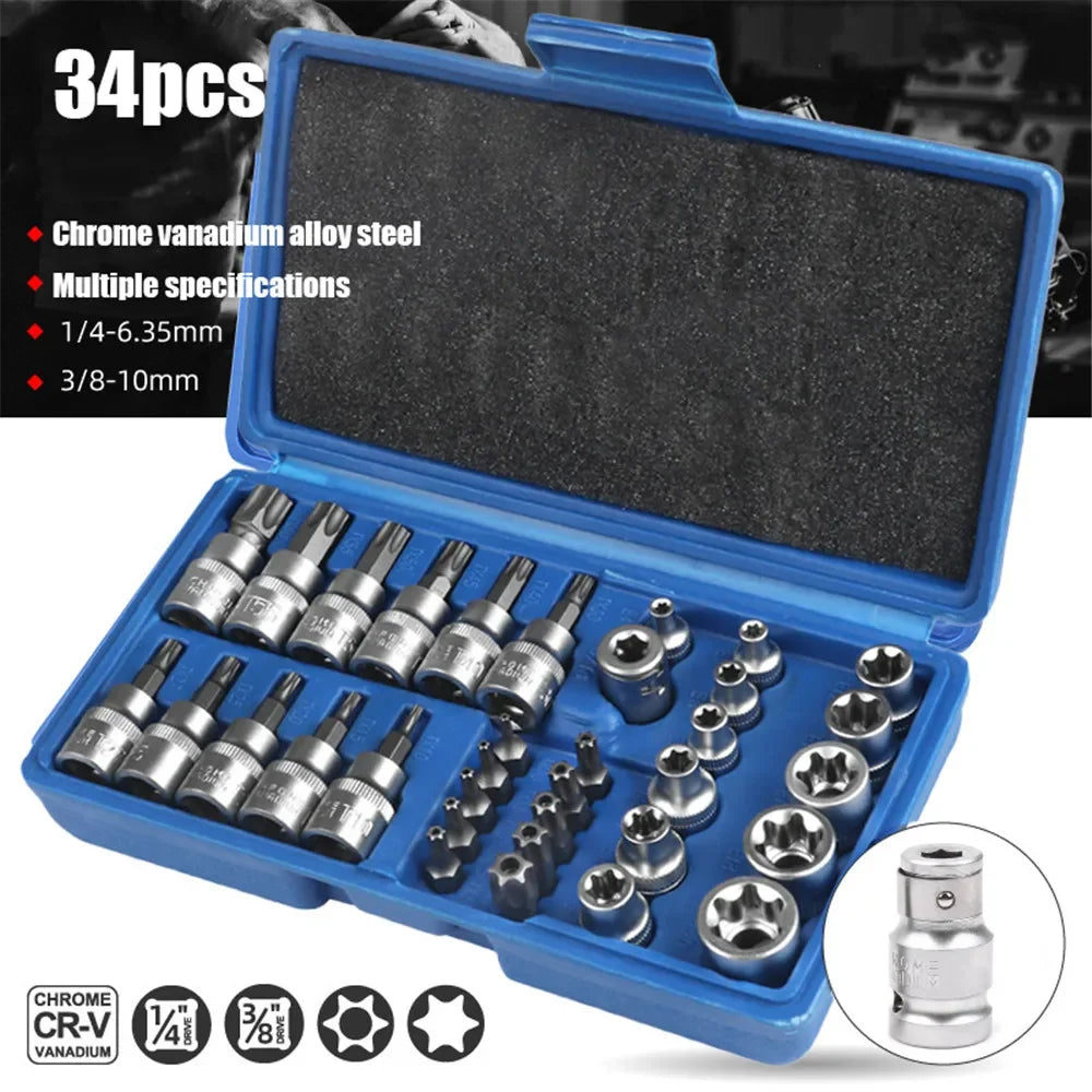 Coffret 34pcs Douilles Torx & E-Torx 1/4” 3/8” – Acier CR-V